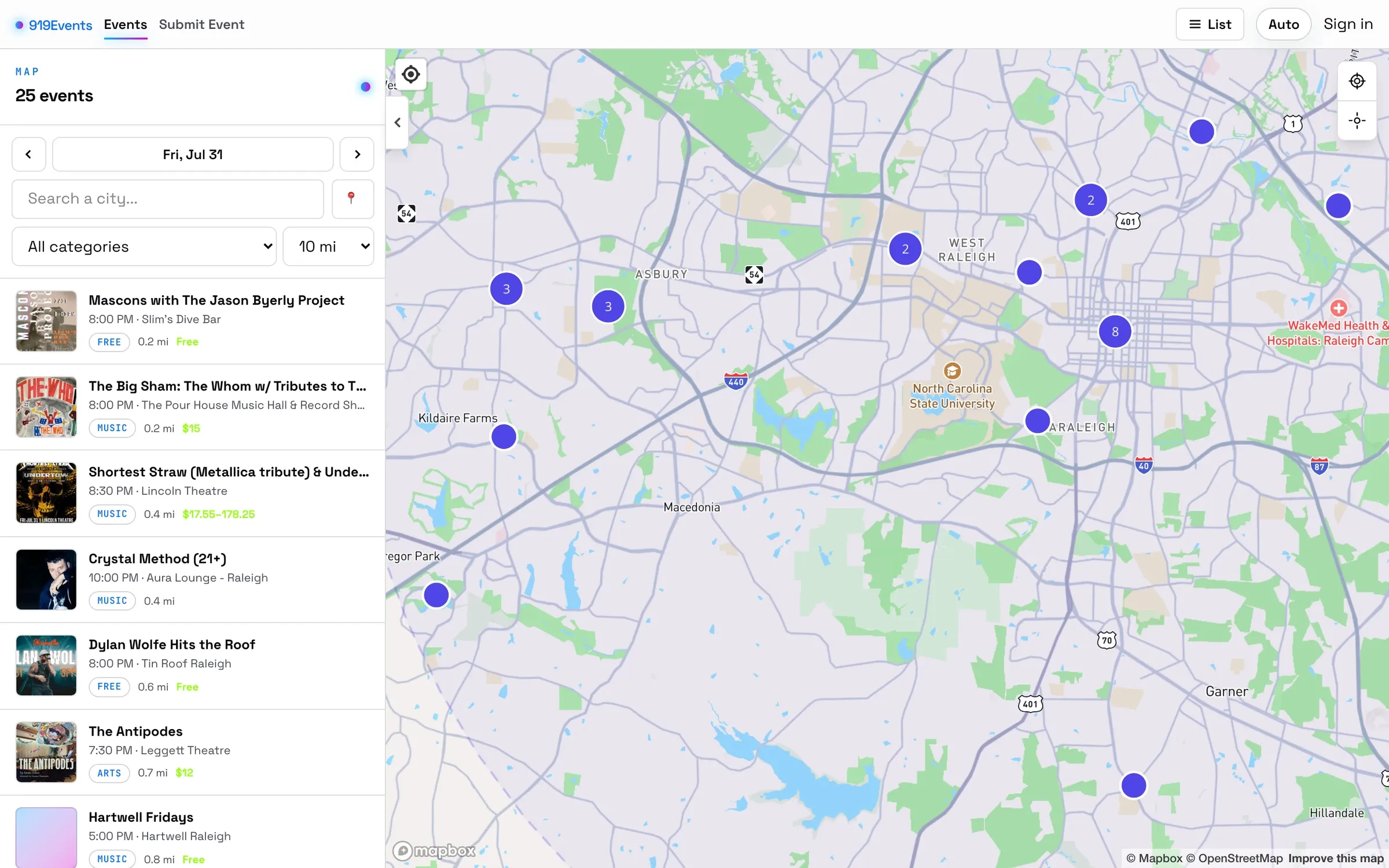 Map-based event listing interface showing concerts and venues around Raleigh-Durham, North Carolina.