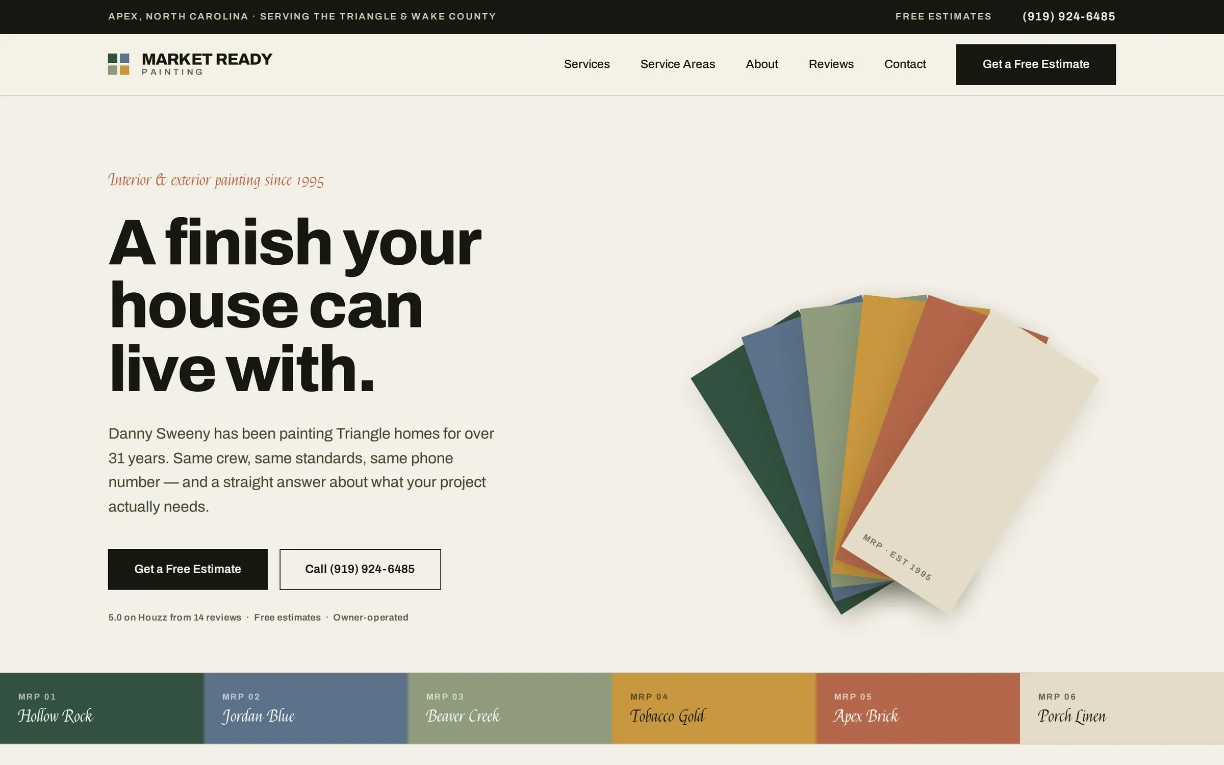 Painting contractor homepage with a fanned set of paint chips beside the headline, above a strip of six named colour swatches.