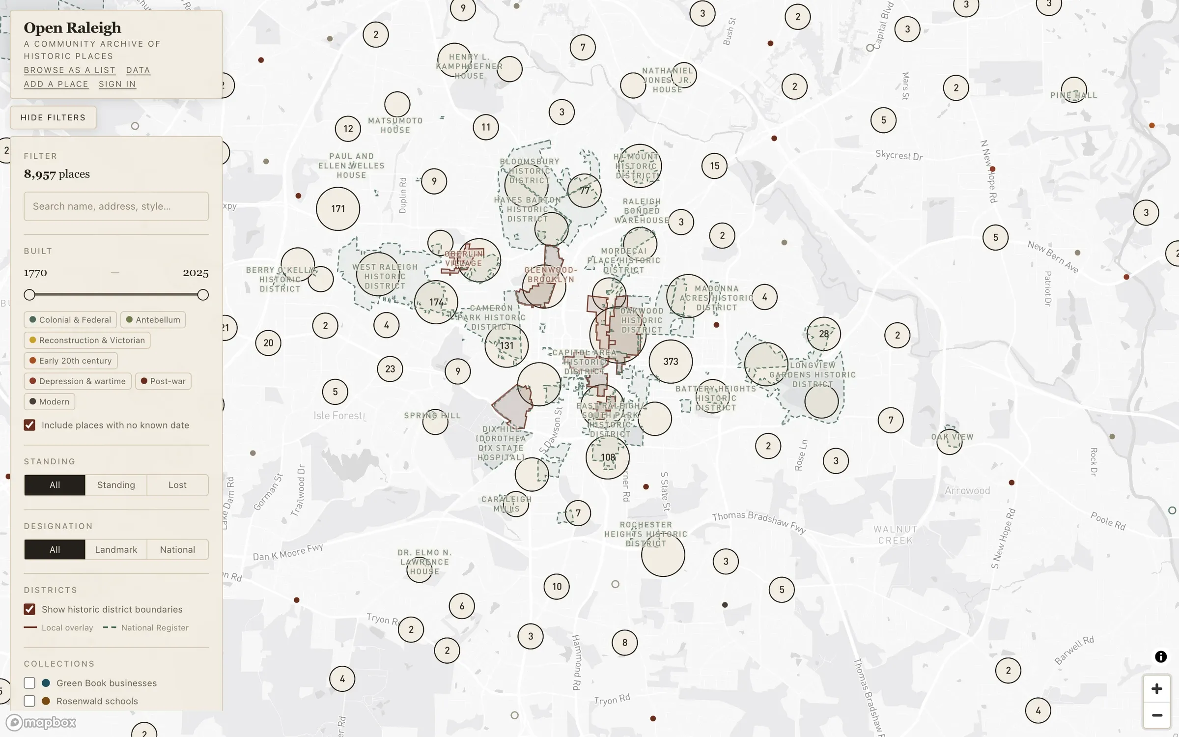 Clustered map of Raleigh showing thousands of historic sites, beside a filter panel for era, standing status, and designation.
