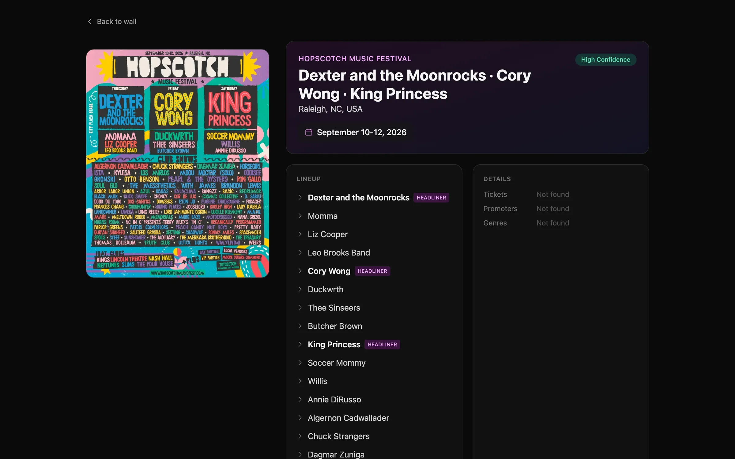 Dashboard showing a concert poster next to its extracted lineup, dates, venue, and location.
